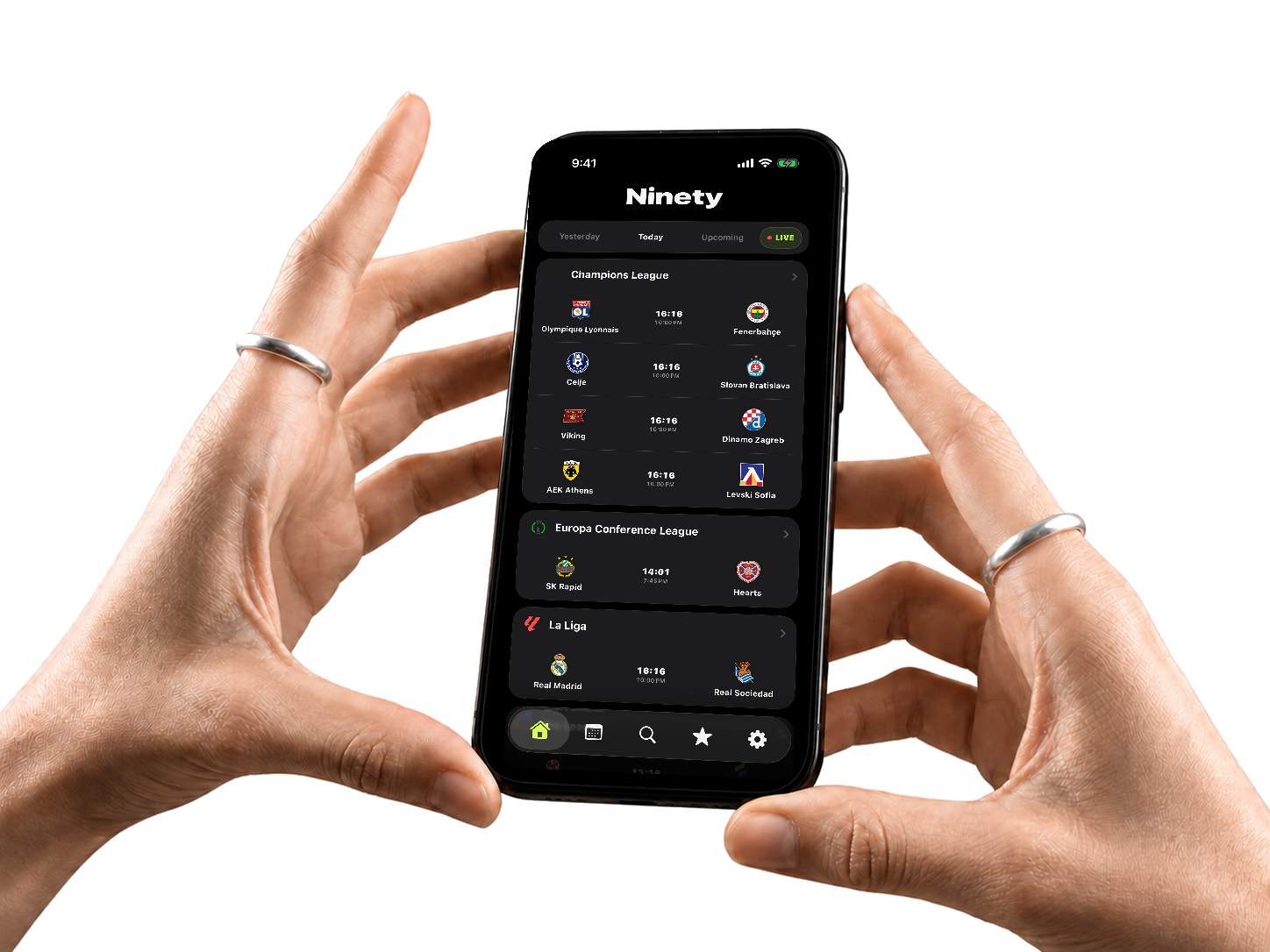 Two hands holding an iPhone with Ninety's real matchday screen open